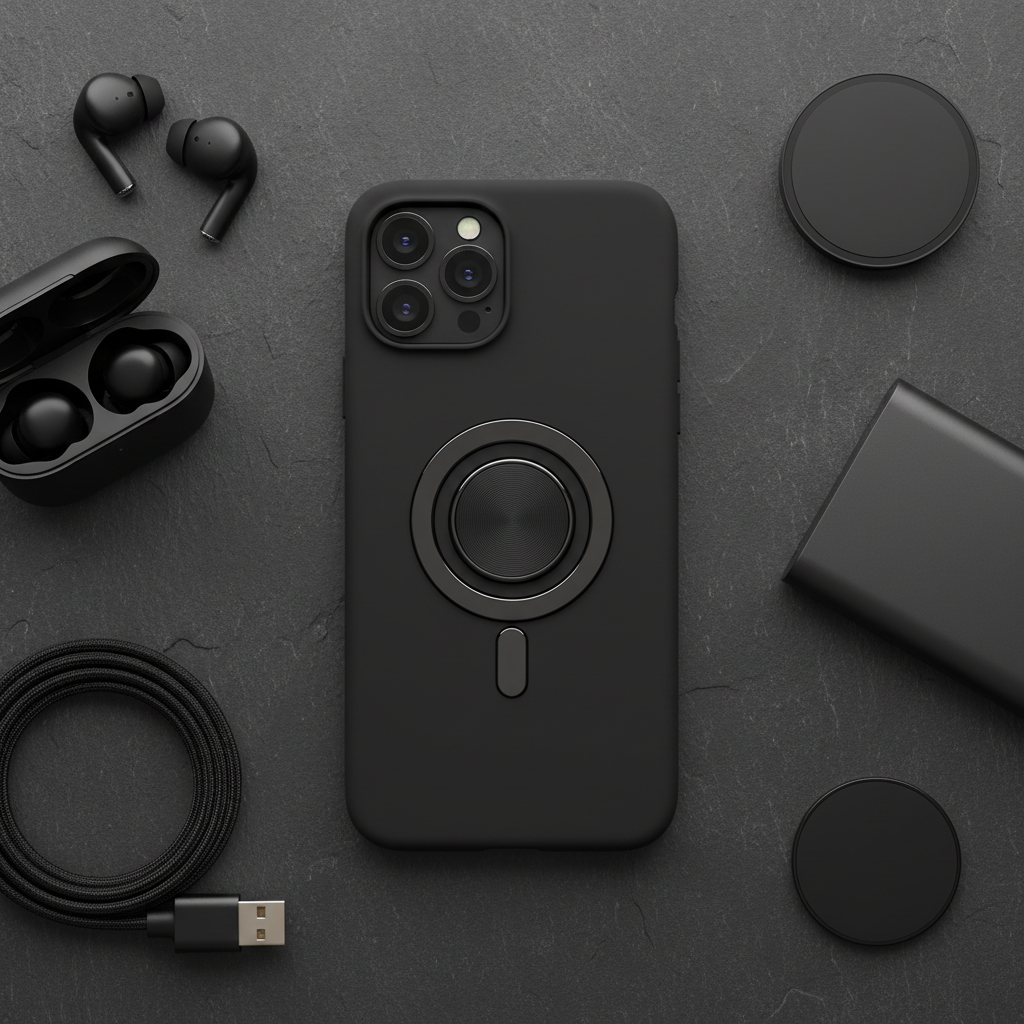 Black silicone MagSafe iPhone case - flat lay