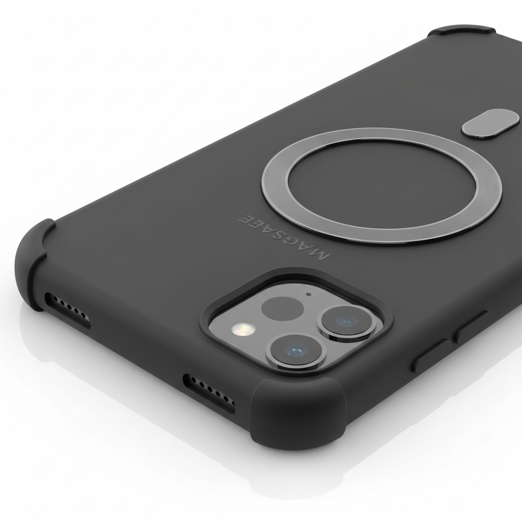 Black silicone MagSafe iPhone case - camera ring close-up